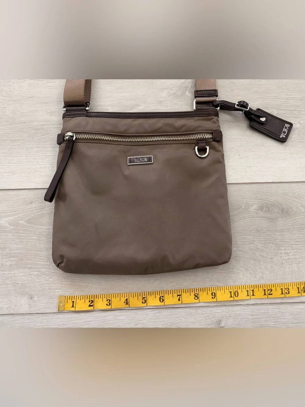 GUC Tumi Voyager Taupe Nylon Crossbody Messenger Bag with Leather Trim